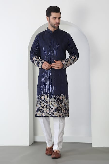 Buy Aham-Vayam Blue Cotton Embroidery, Sequins Thread Kurta Set With Dupatta Online at Aza Fashions Buy_Aham-Vayam_Blue Cotton Embroidery, Sequins Thread Kurta Set With Dupatta _Online_at_Aza_Fashions