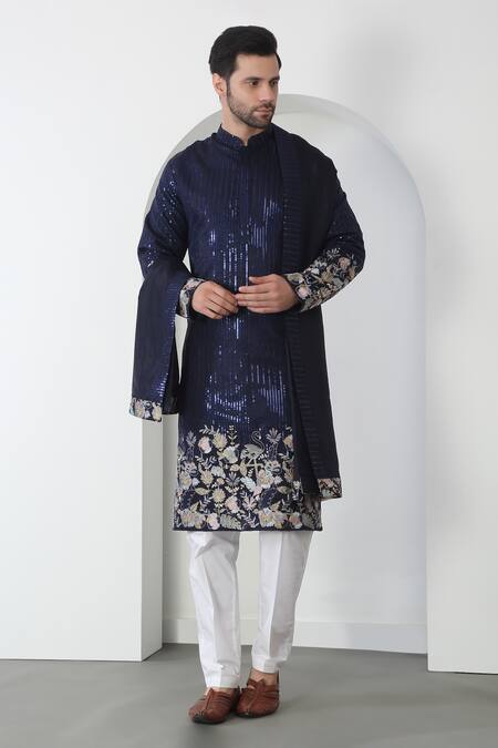 Shop Aham-Vayam Blue Cotton Embroidery, Sequins Thread Kurta Set With Dupatta Online at Aza Fashions Shop_Aham-Vayam_Blue Cotton Embroidery, Sequins Thread Kurta Set With Dupatta _Online_at_Aza_Fashions
