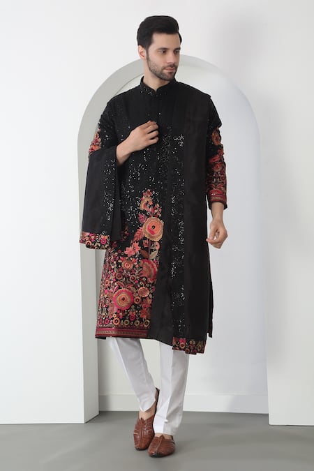 Buy Aham-Vayam Black Cotton Embroidery, Sequins Floral Kurta Set Online at Aza Fashions Buy_Aham-Vayam_Black Cotton Embroidery, Sequins Floral Kurta Set _Online_at_Aza_Fashions