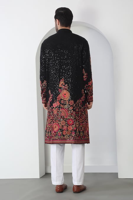 Shop Aham-Vayam Black Cotton Embroidery, Sequins Floral Kurta Set at Aza Fashions Shop_Aham-Vayam_Black Cotton Embroidery, Sequins Floral Kurta Set _at_Aza_Fashions
