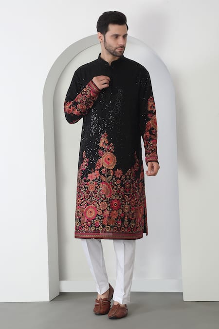 Shop Aham-Vayam Black Cotton Embroidery, Sequins Floral Kurta Set Online at Aza Fashions Shop_Aham-Vayam_Black Cotton Embroidery, Sequins Floral Kurta Set _Online_at_Aza_Fashions