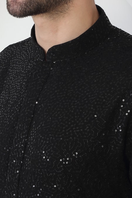 Aham-Vayam Black Cotton Embroidery, Sequins Floral Kurta Set at Aza Fashions Aham-Vayam_Black Cotton Embroidery, Sequins Floral Kurta Set _at_Aza_Fashions