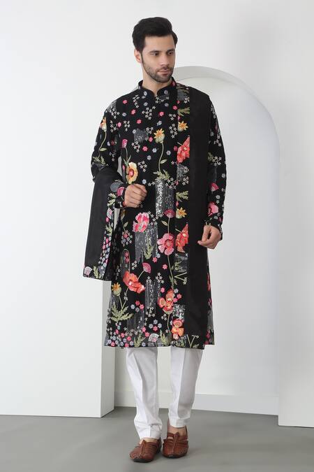Shop Aham-Vayam Black Cotton Sequins, Embroidery Pushp Utsav Kurta Set Online at Aza Fashions Shop_Aham-Vayam_Black Cotton Sequins, Embroidery Pushp Utsav Kurta Set _Online_at_Aza_Fashions