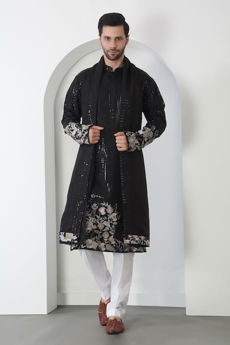 Aham-Vayam Black Cotton Embroidery, Sequins Floral Thread Kurta Set Online at Aza Fashions Aham-Vayam_Black Cotton Embroidery, Sequins Floral Thread Kurta Set _Online_at_Aza_Fashions