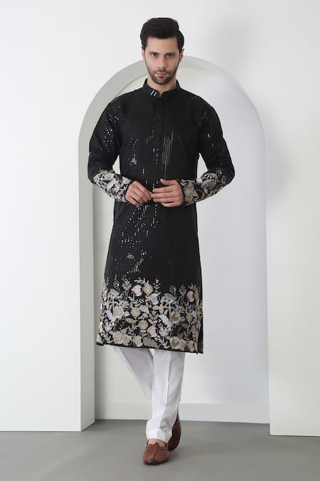 Buy Aham-Vayam Black Cotton Embroidery, Sequins Floral Thread Kurta Set Online at Aza Fashions Buy_Aham-Vayam_Black Cotton Embroidery, Sequins Floral Thread Kurta Set _Online_at_Aza_Fashions