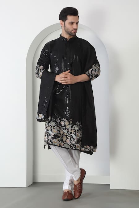 Shop Aham-Vayam Black Cotton Embroidery, Sequins Floral Thread Kurta Set Online at Aza Fashions Shop_Aham-Vayam_Black Cotton Embroidery, Sequins Floral Thread Kurta Set _Online_at_Aza_Fashions