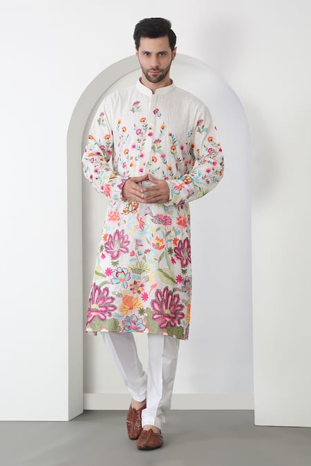 Aham-Vayam White Cotton Sequins, Embroidery Eden Thread Kurta Set Online at Aza Fashions Aham-Vayam_White Cotton Sequins, Embroidery Eden Thread Kurta Set _Online_at_Aza_Fashions