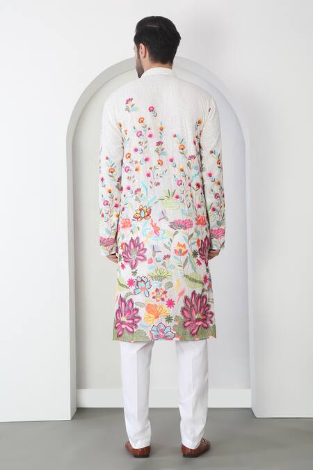 Shop Aham-Vayam White Cotton Sequins, Embroidery Eden Thread Kurta Set at Aza Fashions Shop_Aham-Vayam_White Cotton Sequins, Embroidery Eden Thread Kurta Set _at_Aza_Fashions