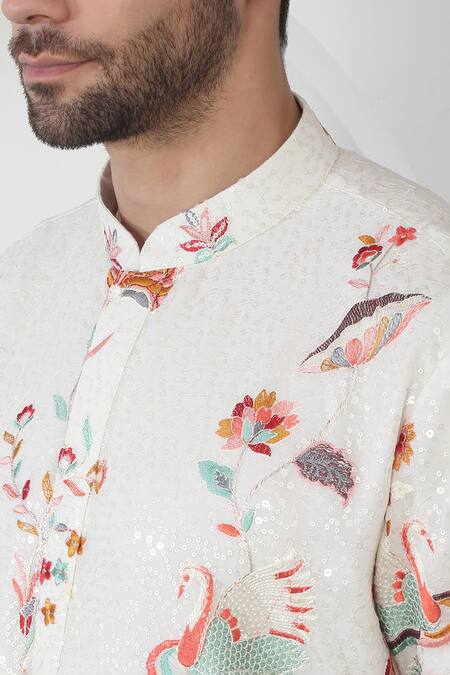 Aham-Vayam_White Cotton Embroidery, Sequins Floral Kurta Set _Online_at_Aza_Fashions