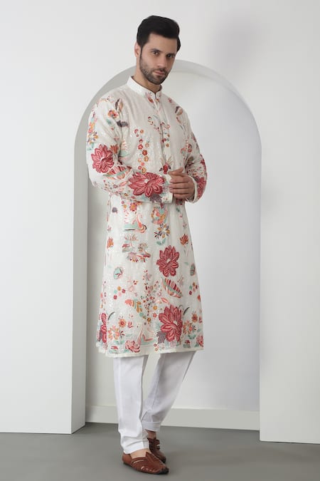 Shop_Aham-Vayam_White Cotton Embroidery, Sequins Floral Kurta Set _Online_at_Aza_Fashions