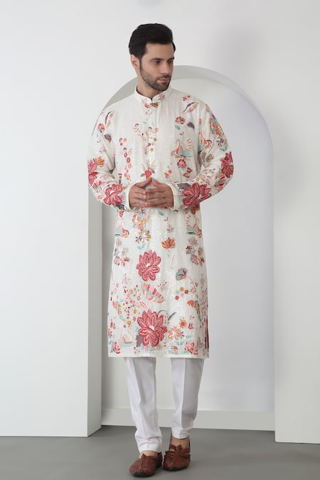 Aham-Vayam_White Cotton Embroidery, Sequins Floral Kurta Set _at_Aza_Fashions