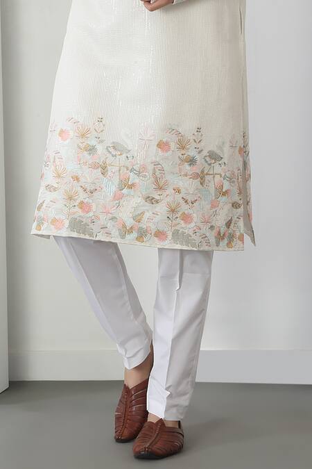 Shop Aham-Vayam Off White Cotton Sequins, Embroidery Floral Thread Kurta Set Online at Aza Fashions Shop_Aham-Vayam_Off White Cotton Sequins, Embroidery Floral Thread Kurta Set _Online_at_Aza_Fashions