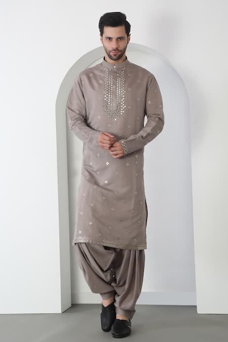 Buy Aham-Vayam Gray Cotton Embroidery, Mirrors Grey Kurta Patiala Set Online at Aza Fashions Buy_Aham-Vayam_Gray Cotton Embroidery, Mirrors Grey Kurta Patiala Set _Online_at_Aza_Fashions