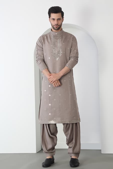 Shop Aham-Vayam Gray Cotton Embroidery, Mirrors Grey Kurta Patiala Set Online at Aza Fashions Shop_Aham-Vayam_Gray Cotton Embroidery, Mirrors Grey Kurta Patiala Set _Online_at_Aza_Fashions