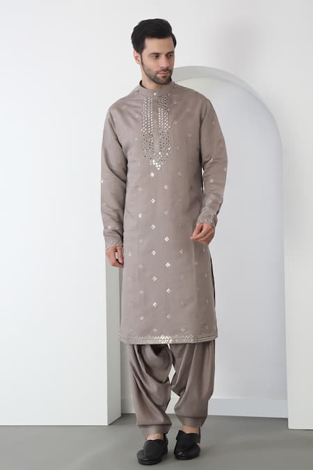 Aham-Vayam Gray Cotton Embroidery, Mirrors Grey Kurta Patiala Set at Aza Fashions Aham-Vayam_Gray Cotton Embroidery, Mirrors Grey Kurta Patiala Set _at_Aza_Fashions