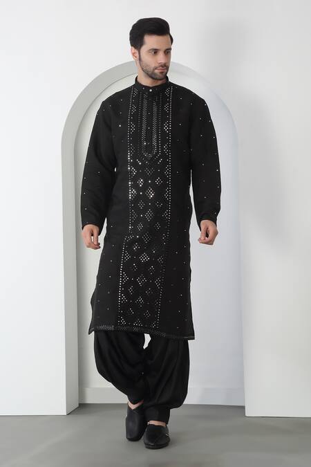 Aham-Vayam Black Cotton Sequins, Embroidery Kurta Set Online at Aza Fashions Aham-Vayam_Black Cotton Sequins, Embroidery Kurta Set _Online_at_Aza_Fashions