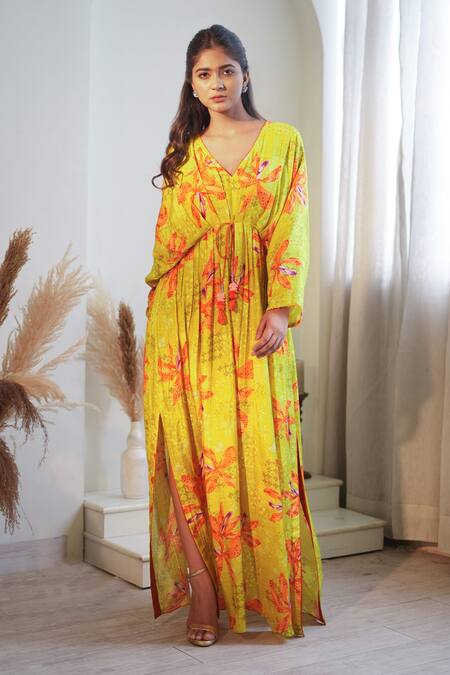 Label Flamingo By Vrinda Yellow Lurex Tassels V-neck Luminous Lilly Pleated Kaftan Online at Aza Fashions Label Flamingo By Vrinda_Yellow Lurex Tassels V-neck Luminous Lilly Pleated Kaftan _Online_at_Aza_Fashions