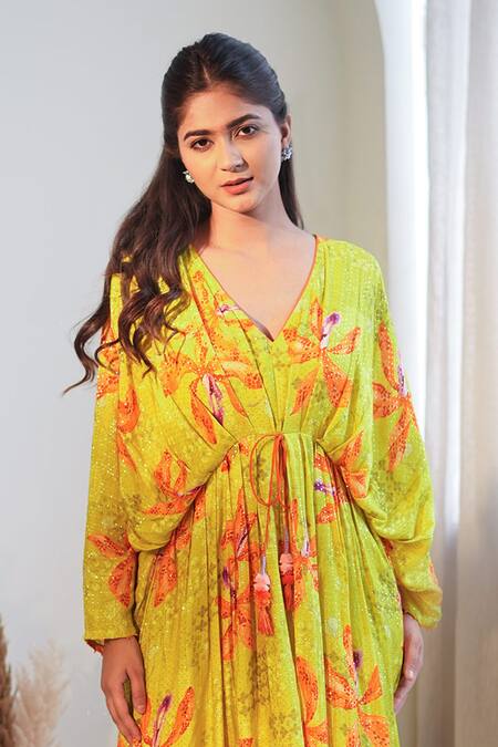 Buy Label Flamingo By Vrinda Yellow Lurex Tassels V-neck Luminous Lilly Pleated Kaftan Online at Aza Fashions Buy_Label Flamingo By Vrinda_Yellow Lurex Tassels V-neck Luminous Lilly Pleated Kaftan _Online_at_Aza_Fashions