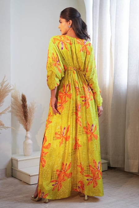 Shop Label Flamingo By Vrinda Yellow Lurex Tassels V-neck Luminous Lilly Pleated Kaftan at Aza Fashions Shop_Label Flamingo By Vrinda_Yellow Lurex Tassels V-neck Luminous Lilly Pleated Kaftan _at_Aza_Fashions