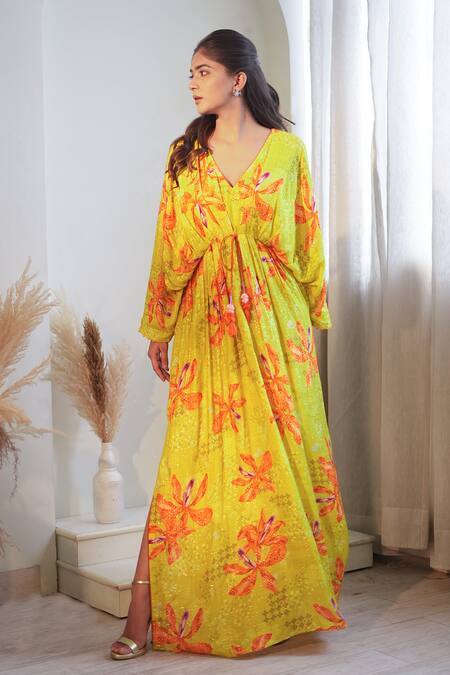 Shop Label Flamingo By Vrinda Yellow Lurex Tassels V-neck Luminous Lilly Pleated Kaftan Online at Aza Fashions Shop_Label Flamingo By Vrinda_Yellow Lurex Tassels V-neck Luminous Lilly Pleated Kaftan _Online_at_Aza_Fashions