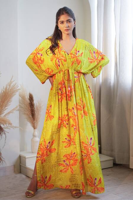 Label Flamingo By Vrinda Yellow Lurex Tassels V-neck Luminous Lilly Pleated Kaftan at Aza Fashions Label Flamingo By Vrinda_Yellow Lurex Tassels V-neck Luminous Lilly Pleated Kaftan _at_Aza_Fashions