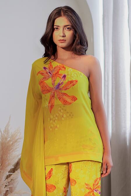 Label Flamingo By Vrinda_Yellow Crepe Pearls, Beads Luminous One Shoulder Kaftan Tunic And Pant Set _Online_at_Aza_Fashions