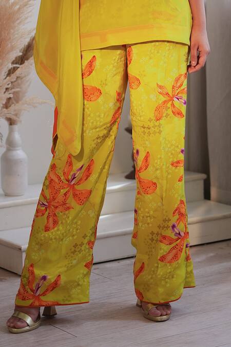 Buy_Label Flamingo By Vrinda_Yellow Crepe Pearls, Beads Luminous One Shoulder Kaftan Tunic And Pant Set _Online_at_Aza_Fashions