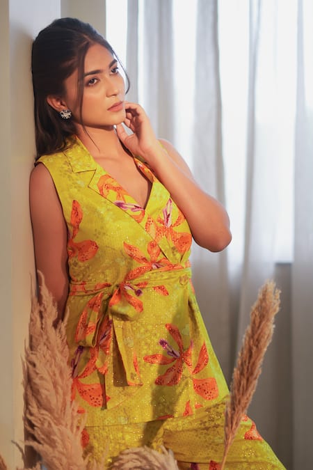 Label Flamingo By Vrinda_Yellow Lurex Embroidery, Sequins Open Neck Lime Lily Waist Coat And Pant Set _Online_at_Aza_Fashions