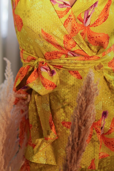 Shop_Label Flamingo By Vrinda_Yellow Lurex Embroidery, Sequins Open Neck Lime Lily Waist Coat And Pant Set _Online_at_Aza_Fashions