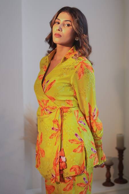 Buy_Label Flamingo By Vrinda_Yellow Crepe Tassels Collared Lime Lilly Print Angarkha Set With Pant _Online_at_Aza_Fashions