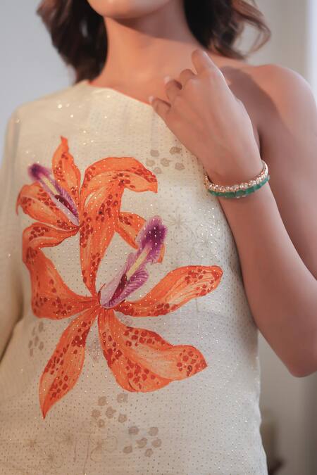 Label Flamingo By Vrinda_Ivory Lurex Beads, Pearls Asymmetric One Shoulder Embroidered Tunic And Pant Set _Online_at_Aza_Fashions