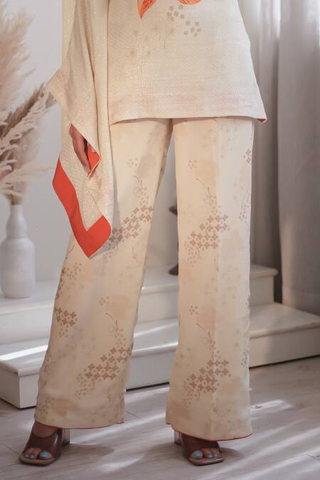 Buy_Label Flamingo By Vrinda_Ivory Lurex Beads, Pearls Asymmetric One Shoulder Embroidered Tunic And Pant Set _Online_at_Aza_Fashions