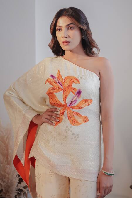 Shop_Label Flamingo By Vrinda_Ivory Lurex Beads, Pearls Asymmetric One Shoulder Embroidered Tunic And Pant Set 