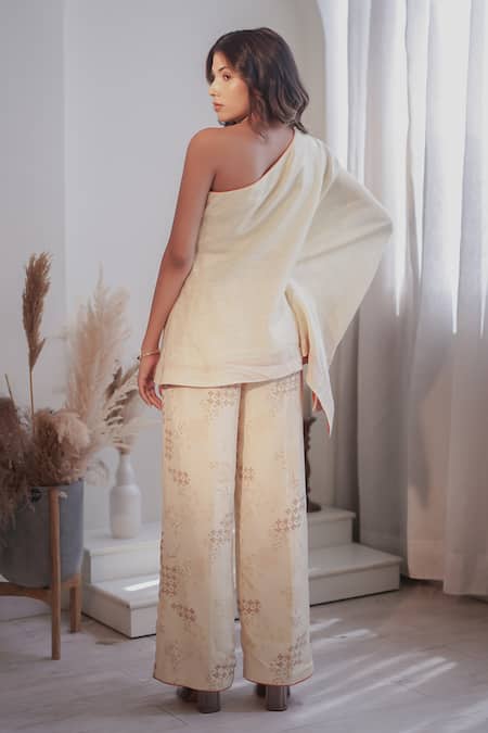 Label Flamingo By Vrinda Ivory One Shoulder Embroidered Tunic & Pant Set 
