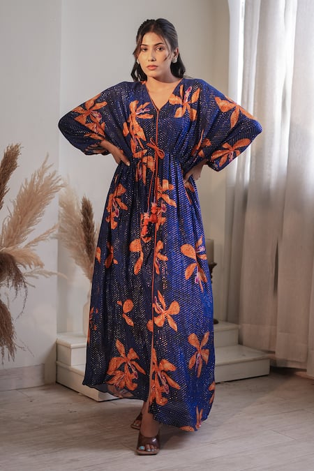 Buy_Label Flamingo By Vrinda_Blue Lurex Tassels V-neck Royal Lilly Pleated Kaftan _Online_at_Aza_Fashions