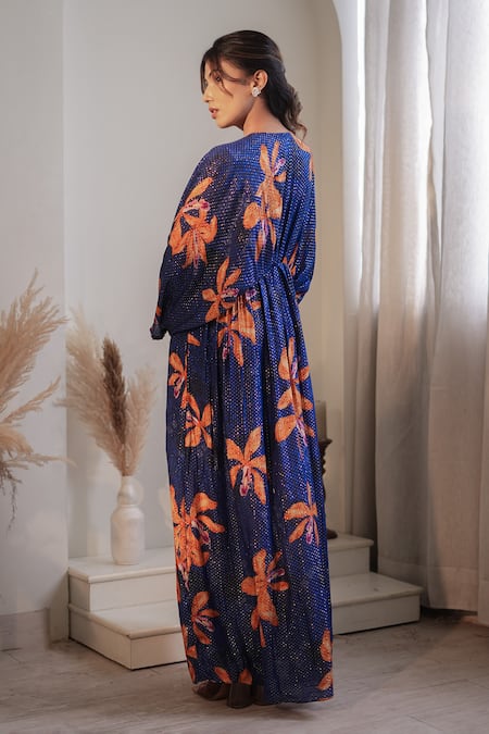 Shop_Label Flamingo By Vrinda_Blue Lurex Tassels V-neck Royal Lilly Pleated Kaftan _at_Aza_Fashions