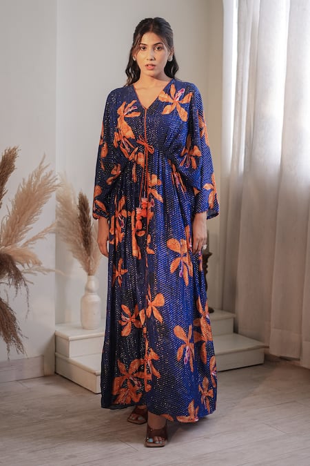 Shop_Label Flamingo By Vrinda_Blue Lurex Tassels V-neck Royal Lilly Pleated Kaftan _Online_at_Aza_Fashions