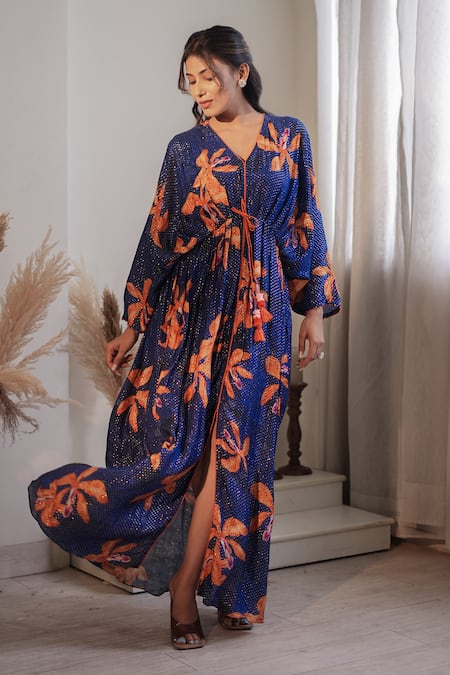 Label Flamingo By Vrinda_Blue Lurex Tassels V-neck Royal Lilly Pleated Kaftan _at_Aza_Fashions