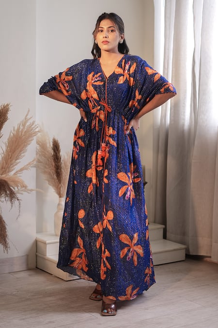 Buy_Label Flamingo By Vrinda_Blue Lurex Tassels V-neck Royal Lilly Pleated Kaftan 
