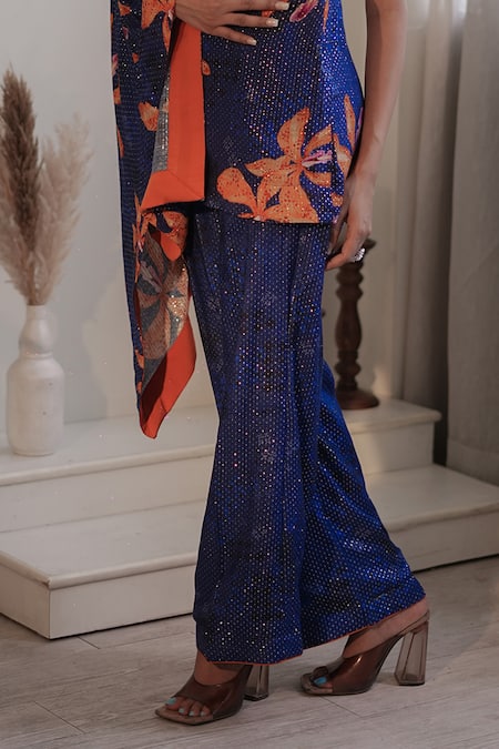 Buy_Label Flamingo By Vrinda_Blue Lurex Beads, Pearls Asymmetric One Shoulder Embroidered Tunic And Pant Set _Online_at_Aza_Fashions