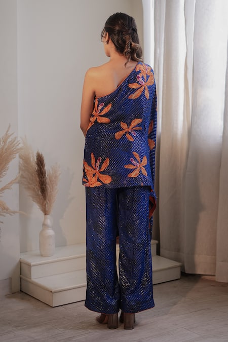 Label Flamingo By Vrinda One Shoulder Embroidered Tunic & Pant Set 
