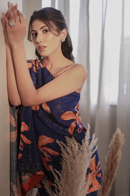 Shop_Label Flamingo By Vrinda_Blue Lurex Beads, Pearls Asymmetric One Shoulder Embroidered Tunic And Pant Set _Online_at_Aza_Fashions