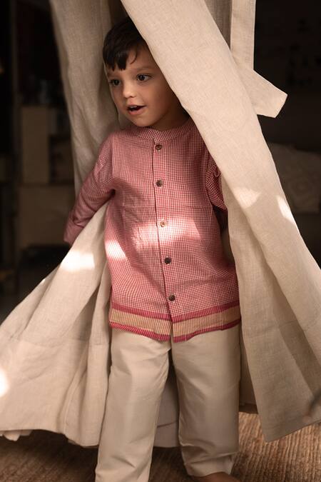 Love The World Today Red Cotton Checkered Mandarin Collar Shirt Online at Aza Fashions Love The World Today_Red Cotton Checkered Mandarin Collar Shirt_Online_at_Aza_Fashions