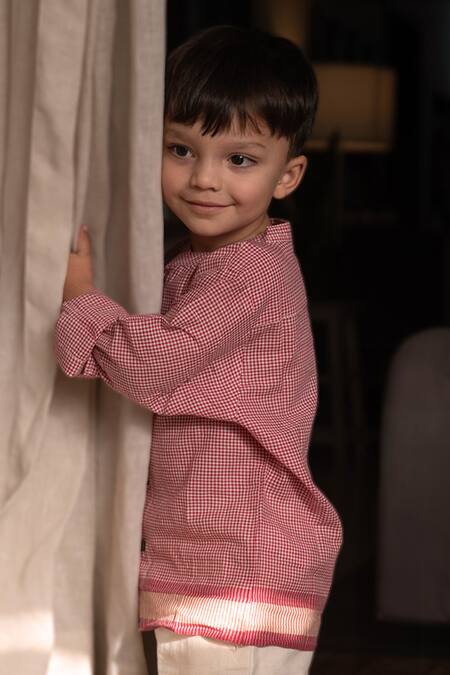 Buy Love The World Today Red Cotton Checkered Mandarin Collar Shirt Online at Aza Fashions Buy_Love The World Today_Red Cotton Checkered Mandarin Collar Shirt_Online_at_Aza_Fashions