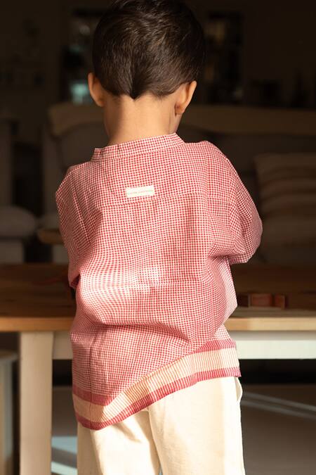 Shop Love The World Today Red Cotton Checkered Mandarin Collar Shirt at Aza Fashions Shop_Love The World Today_Red Cotton Checkered Mandarin Collar Shirt_at_Aza_Fashions