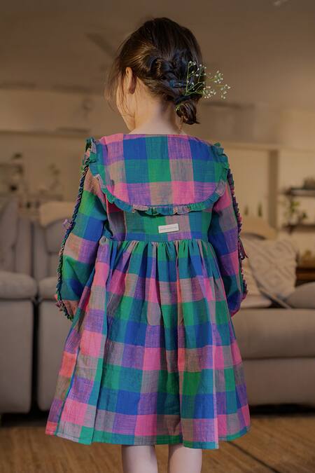 Shop Love The World Today Blue Cotton Ruffles Handwoven Checkered Dress at Aza Fashions Shop_Love The World Today_Blue Cotton Ruffles Handwoven Checkered Dress_at_Aza_Fashions