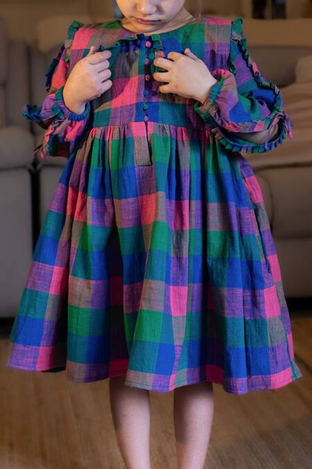 Love The World Today Blue Cotton Ruffles Handwoven Checkered Dress Online at Aza Fashions Love The World Today_Blue Cotton Ruffles Handwoven Checkered Dress_Online_at_Aza_Fashions