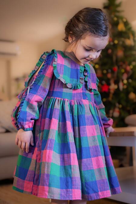 Shop Love The World Today Blue Cotton Ruffles Handwoven Checkered Dress Online at Aza Fashions Shop_Love The World Today_Blue Cotton Ruffles Handwoven Checkered Dress_Online_at_Aza_Fashions