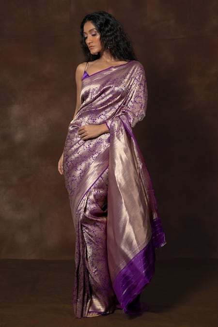 Vishwa By Pinki Sinha X AZA_Purple Silk Embroidery Handwoven Banarasi Saree _Online_at_Aza_Fashions