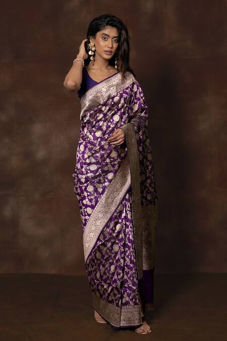 Vishwa By Pinki Sinha X AZA Purple Silk Embroidery Floral Peacock Handwoven Banarasi Saree Online at Aza Fashions Vishwa By Pinki Sinha X AZA_Purple Silk Embroidery Floral Peacock Handwoven Banarasi Saree _Online_at_Aza_Fashions